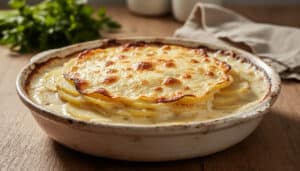 objevte krémový bramborový gratin s kozím sýrem, který okouzlí vaše chuťové pohárky a potěší všechny u stolu.