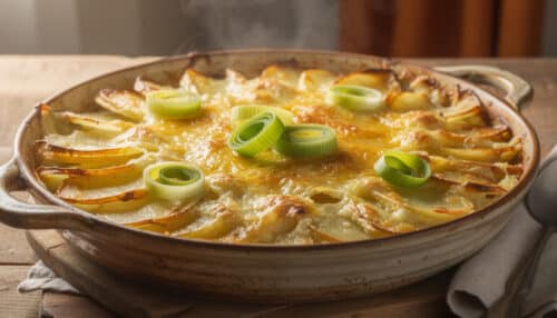 objevte chutný bramborový gratin s pórkem, rustikální zimní jídlo, které čím dál častěji nahrazuje lasagne v českých domácnostech.
