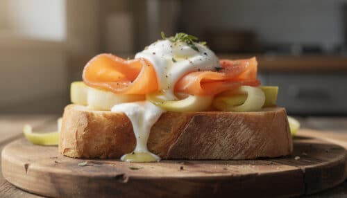 vyzkoušejte zimní toust ve stylu bistra s dušeným pórkem, uzeným lososem a čerstvou smetanou. rychlý a chutný recept na útulnou večeři připravenou za 15 minut.